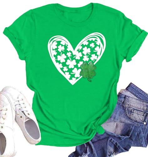 St. Patrick's Day Shirts für Damen, Kleeblatt-Herz, Grafik-T-Shirt, St. Patty's Lucky T-Shirt, irisches Oberteil, Green11, Klein von MEESHEEP