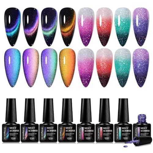 MEET ACROSS Cat Eye UV Gel Nagellack mit Magnet, Farbwechsel Nagellack Gellack Kit, Cat Magnetic Eye Gel + Temperaturgesteuerter Nail Polish Set 8 Stück von MEET ACROSS
