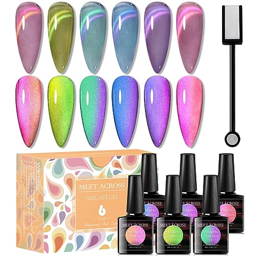 MEET ACROSS UV Nagellack Glas Cat Eye UV Gel Nagellack Set Magnetisch Cat Eye Magnet 6 Farbe Gel Shellac Nail Polish Soak Off Nägel Gellack Nageldesign Kit mit Magnetstift von MEET ACROSS