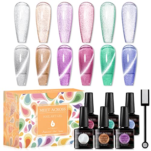 MEET ACROSS Cat Eye UV Nagellack 6 Farben Cat Eye UV Gel Glitzer 9D Cateye Gel Nagellack UV Set Mit Magnet Soak-Off Nail Polish Manicure,8ML von MEET ACROSS