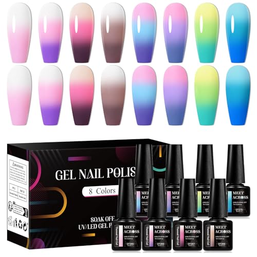 MEET ACROSS UV Gel Nagellack 8 Farben*7ml Temperatur Farbwechsel UV/LED Soak Off Chameleon Changing Color Nail Polish Set Rosa Grün Blau Braun Maniküre Geschenkset von MEET ACROSS