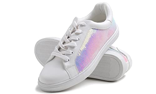 MEET JOLIE Glitzernder modischer Damen-Sneaker, lässig, flach, schimmernd, Weiße Pailletten, 37.5 EU von MEET JOLIE