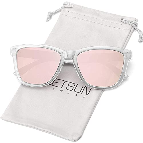 MEETSUN Polarisierte Sonnenbrille für Damen und Herren, klassischer Retro-Stil UV400 Schutz (Transparent Rahmen/Hell-Rosa verspiegelte Linse) von MEETSUN