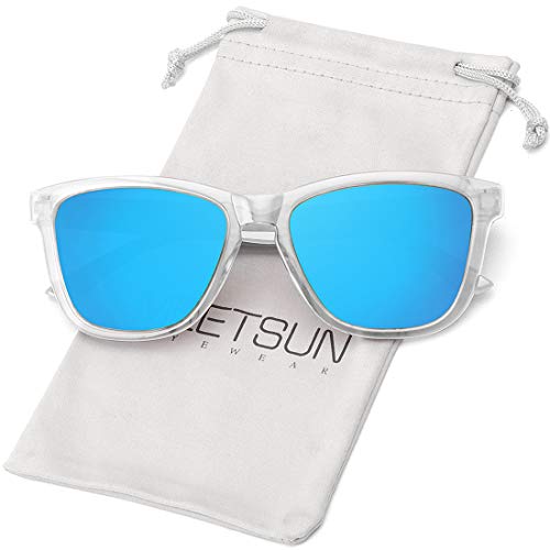 MEETSUN Polarisierte Sonnenbrille für Damen und Herren, klassischer Retro-Stil UV400 Schutz (Transparent Rahmen/Blaue verspiegelte Linse) von MEETSUN