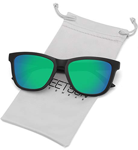 MEETSUN Polarisierte Sonnenbrille für Damen und Herren, klassischer Retro-Stil UV400 Schutz (Matt Schwarz Rahmen/Grün verspiegelte Linse) von MEETSUN