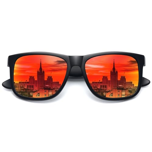 MEETSUN Polarisierte Sonnenbrille für Herren Damen UV-Schutz Klassische Sonnenbrille zum Fahren Schwarzer Rahmen-Rote Spiegelgläser von MEETSUN