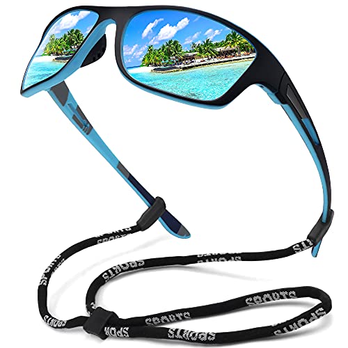 MEETSUN Polarisierte Sport-Sonnenbrille für Herren Damen Angeln Radfahren Baseball Laufen und Fahren UV400-Schutz Schwarzer Rahmen-Blaues Spiegelglas von MEETSUN