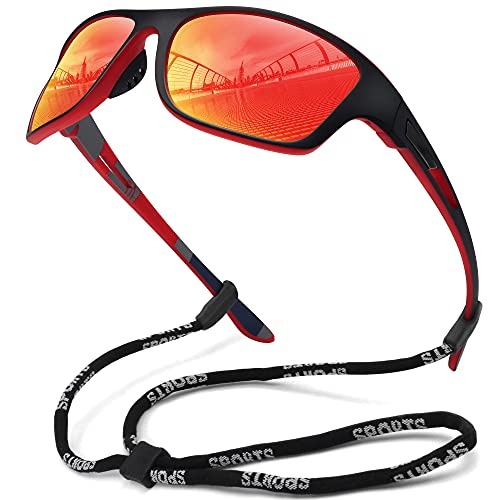 MEETSUN Polarisierte Sport-Sonnenbrille für Herren Damen Angeln Radfahren Baseball Laufen und Fahren UV400-Schutz Schwarzer Rahmen-Rote Spiegelglas von MEETSUN