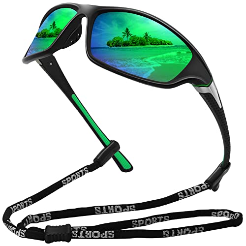 MEETSUN Polarisierte Sport-Sonnenbrille für Herren Damen Fahren Radfahren Angeln Sonnenbrille 100% UV400-Schutz,schwarzer Rahmen - grün Spiegelgläse von MEETSUN