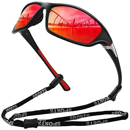 MEETSUN Polarisierte Sport-Sonnenbrille für Herren Damen Fahren Radfahren Angeln Sonnenbrille UV400-Schutz, schwarzer Rahmen - rote Spiegelgläser von MEETSUN