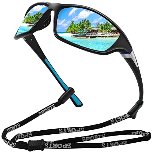 MEETSUN Polarisierte Sport-Sonnenbrille für Herren Damen Fahren Radfahren Angeln Sonnenbrille UV400-Schutz Schwarzer Rahmen - Blaue Spiegelgläser von MEETSUN