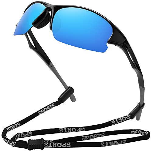 MEETSUN Sport Polarisierte Sonnenbrille für Herren Damen Halbrahmen Fahren Angeln Radfahren Sonnenbrille 100% UV400 Schutz Schwarzer Rahmen-Blaue Spiegelgläser von MEETSUN