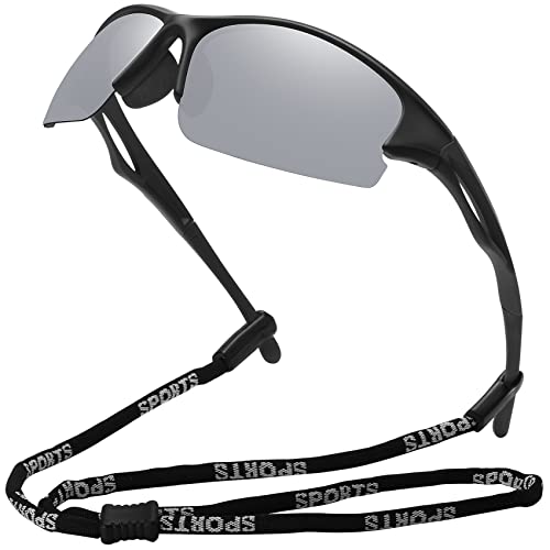 MEETSUN Sport Polarisierte Sonnenbrille für Männer Frauen Halbrahmen Fahren Angeln Radfahren Sonnenbrille 100% UV400 Schutz Schwarzer Rahmen-Silberne Spiegelgläser von MEETSUN