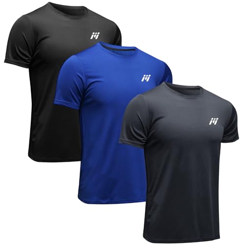 MEETWEE Sportshirt Herren, Laufshirt Kurzarm Mesh Funktionsshirt Atmungsaktiv Kurzarmshirt Sports Shirt Trainingsshirt für Männer, Schwarz+grau+blau, XL von MEETWEE