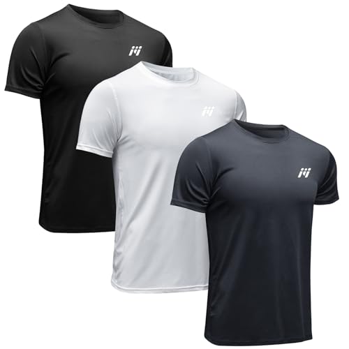 MEETWEE Sportshirt Herren, Laufshirt Kurzarm Mesh Funktionsshirt Atmungsaktiv Kurzarmshirt Sports Shirt Trainingsshirt für Männer, Schwarz+grau+weiß, L von MEETWEE