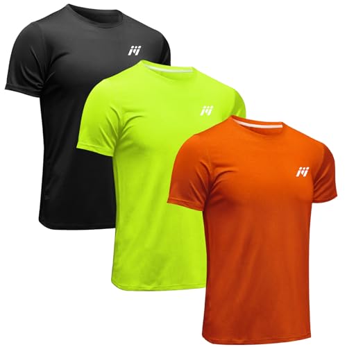 MEETWEE Sportshirt Herren, Laufshirt Kurzarm Mesh Funktionsshirt Atmungsaktiv Kurzarmshirt Sports Shirt Trainingsshirt für Männer (schwarz+orange+grün, XXL) von MEETWEE