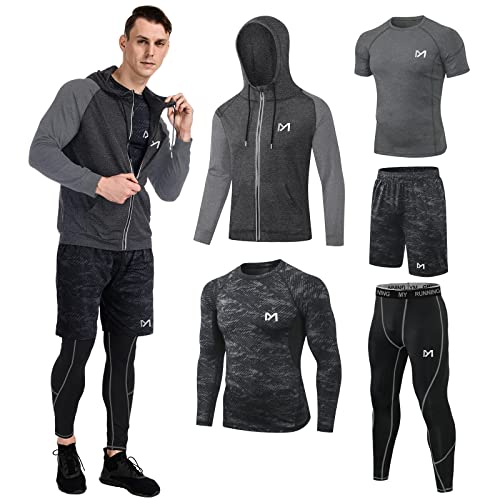 Herren Kompressionssets, Hose, Langarmshirt, Sport-Shorts, Laufjacke, Kurzarm, 5 Stück, Bedruckt, Groß von MEETYOO