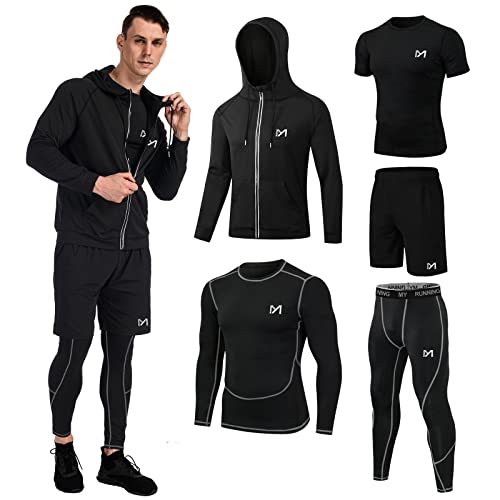 MEETYOO Herren Kompressionshosen, Langarmshirt, Sport-Shorts, Laufjacke, Kurzarm-T-Shirts, 5 Stück, schwarz, Medium von MEETYOO