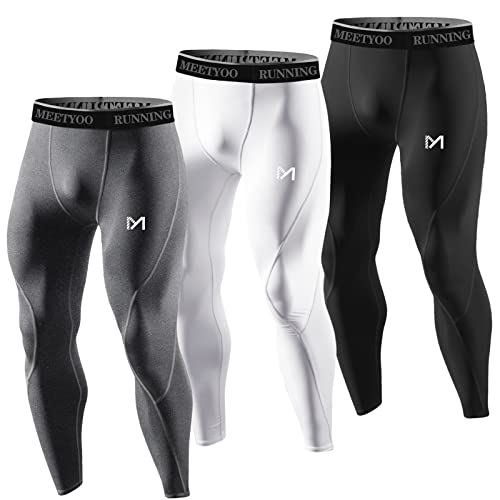 MEETYOO Herren Standard Kompressionshose Cool Dry Sport Workout Laufhose Leggings Schwarz + Weiß + Grau von MEETYOO