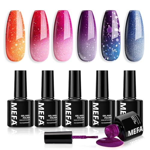 MEFA UV Nagellack, 6 Farben Thermo Farbwechsel Farben 7 ML Soak Off UV LED Gel Nagellack Schellack Set für Gelnägel Nail Art Kit Maniküre Nageldesign Nägel Selber Machen von MEFA