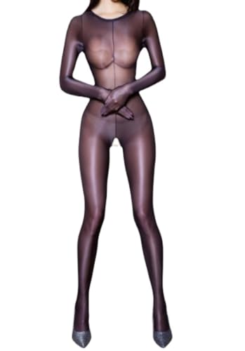 Damen Sexy Bodystocking Ganzkörper Erotik Dessous Offener Schritt Strumpfhose Glänzende Öl Reizwäsche Strumpfhose mesh Bodysuit Durchsichtiges Babydoll Jumpsuit Strümpfen (Schwarz,Einheitsgröße) von MEGAHERZ