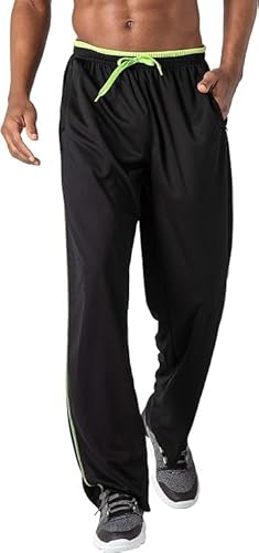 MEGAHERZ Herren Leichte Sporthose Weich Sweathose Jogginghose mit Zip-Taschen Offen Beinabschluss Trainingshose Meshgewebe Lange Atmungsaktiv (Schwarz Grün,L) von MEGAHERZ