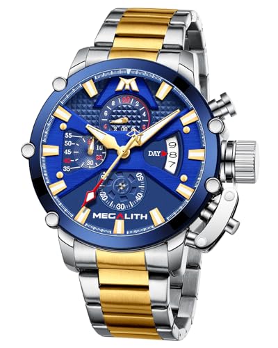 MEGALITH Armbanduhr Herren Chronograph Groß: Gold Edelstahl Uhren Herren mit Datum - Herrenuhr Wasserdicht Quarz von MEGALITH