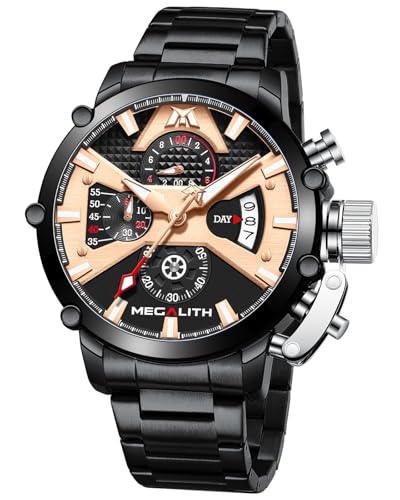 MEGALITH Armbanduhr Herren Chronograph Groß: Schwarz Edelstahl Uhren Herren mit Datum - Herrenuhr Wasserdicht Quarz von MEGALITH