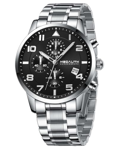 MEGALITH Armbanduhr Herren Chronograph Sport: Silber Edelstahl Analog Quarz - Militär Wasserdicht Datum Schwarz Uhren für Männer von MEGALITH