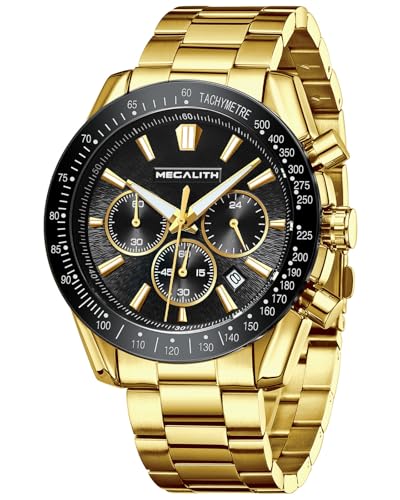 MEGALITH Armbanduhr Herren Gold Uhr: Vintage Edelstahl Analog Quarz Chronograph - Wasserdicht Uhren für Männer mit Datum von MEGALITH