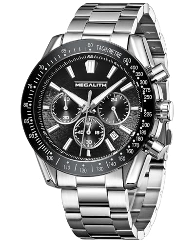 MEGALITH Armbanduhr Herren Silber Uhr: Vintage Edelstahl Analog Quarz Chronograph - Wasserdicht Uhren für Männer mit Datum von MEGALITH