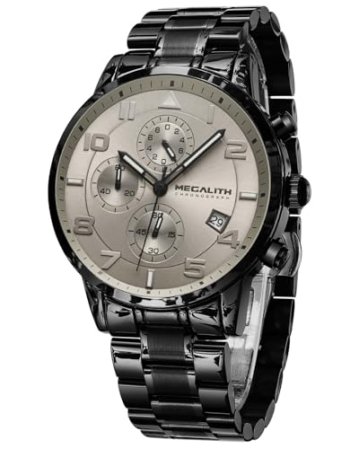 MEGALITH Armbanduhr Herren Sport Chronograph: Analog Quarz Schwarz Edelstahl - Militär Wasserdicht Datum Uhren für Männer von MEGALITH