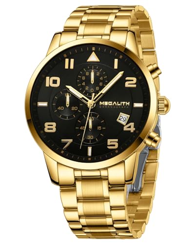 MEGALITH Armbanduhr Herren Sport Chronograph: Gold Edelstahl Analog Quarz - Militär Wasserdicht Datum Uhren für Männer von MEGALITH