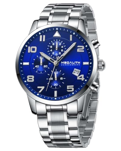 MEGALITH Armbanduhr Herren Sport Chronograph: Silber Edelstahl Analog Quarz - Militär Wasserdicht Datum Uhren für Männer von MEGALITH