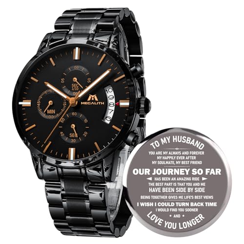 MEGALITH Armbanduhr Herren für Ehemann Chronograph: Schwarz Uhren Herren Edelstahl mit Datum - Personalisierte Herrenuhr Geschenk zum Geburtstag Jahrestag Valentinstag von MEGALITH
