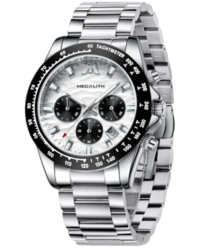 MEGALITH Armbanduhren Herren Chronograph Analog Quarzuhr Silber Groß Wasserdicht Herrenuhr Edelstahl Uhr Männer Geschenk (Weiß) von MEGALITH