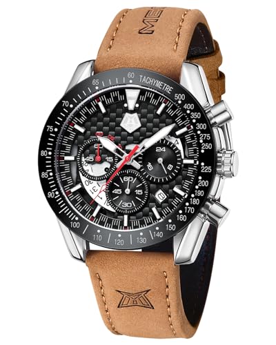 MEGALITH Chronograph Armbanduhr für Herren - Analog, Wasserdicht, Kalender, Lederarmband, Business Casual Silber Schwarz von MEGALITH