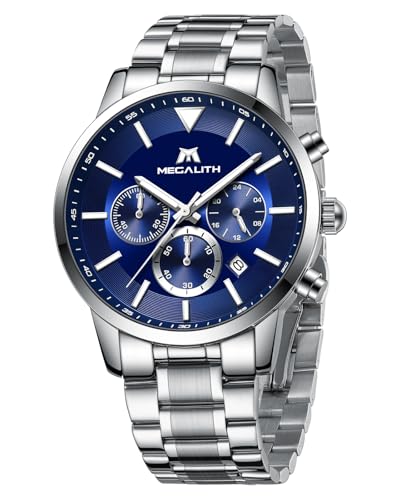 MEGALITH Edelstahl Uhren Herren Chronograph: Analog Armbanduhr Herren Kalender - Kleid Herren Uhr Blau Ziffernblatt Business von MEGALITH