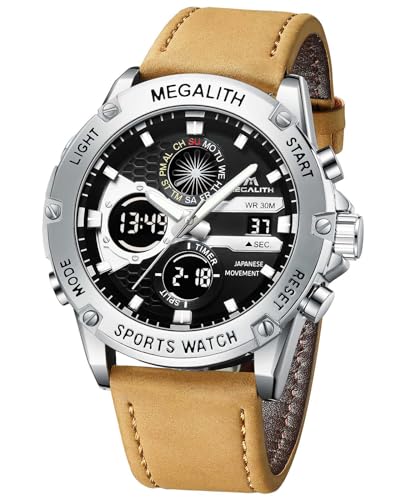 MEGALITH Herren Uhr Digital Lederarmband: Braunes Analog Wasserdicht Armbanduhren für Herren - Groß Ziffernblatt Quarz Männer Sport Uhren - Mode Männer Geschenke von MEGALITH