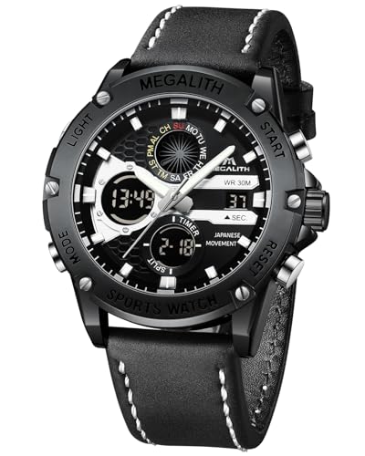 MEGALITH Herren Uhr Digital Lederarmband: Schwarz Analog Wasserdicht Armbanduhren für Herren - Groß Ziffernblatt Quarz Männer Sport Uhren - Mode Männer Geschenke von MEGALITH