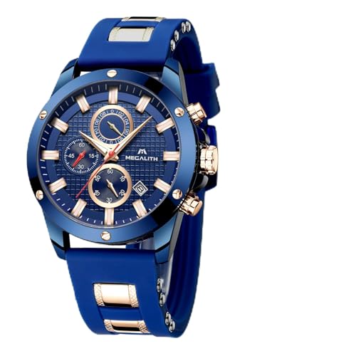 MEGALITH Herren Uhren Chronograph Armbanduhr: Analog Wasserdicht Gummi - Groß Blau Sportlich Quarzur Leuchtende Datum - Geschenke für Ehemann von MEGALITH