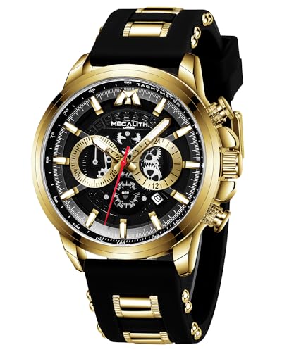 MEGALITH Herren Uhren Chronograph Armbanduhr: Analog Wasserdicht Schwarz Gummi - Groß Quarzur Geschenk fur Männer Gold-Gehäuse von MEGALITH