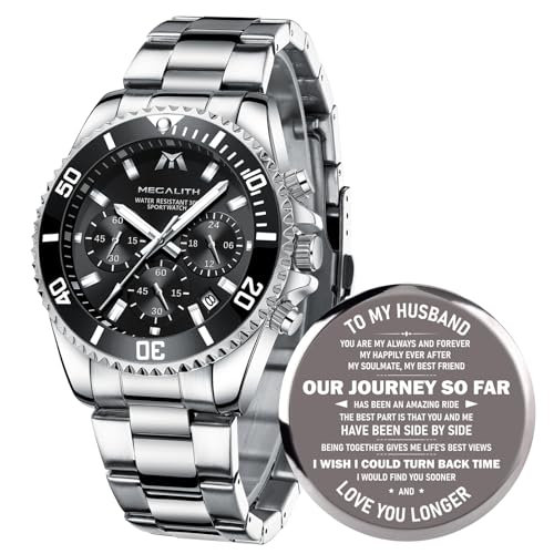 MEGALITH Herren Uhren für Ehemann Chronograph: Silber Edelstahl Armbanduhr Herren mit Datum - Personalisierte Herrenuhr Geschenk zum Geburtstag Jahrestag Valentinstag von MEGALITH