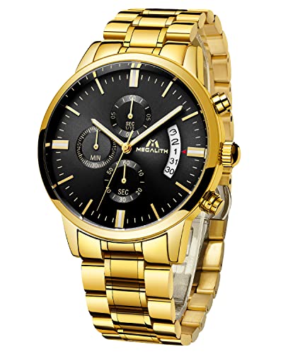 MEGALITH Herrenuhr 45mm Chronograph Quarz Uhr mit Edelstahl Armband, Gold Uhren Herren Wasserdicht Luxus Herren Armbanduhr Datum Leuchtend, Business Geschenk für Männer von MEGALITH