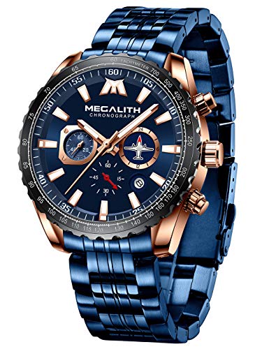 MEGALITH Uhren Herren Edelstahl Chronograph: Blau Armbanduhr Herren Große mit Datum - Wasserdicht Quarz Uhr fur Männer Designer von MEGALITH