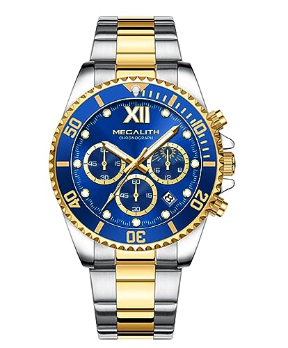 MEGALITH Herrenuhr Edelstahl Analog Chronograph Männer Uhr Moon Phase, Designer Herren Uhr Wasserdicht Leuchtende Quarz Mann Armbanduhr mit Datum, Uhren Herren Geschenke - Gold Blau von MEGALITH