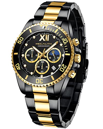 MEGALITH Herrenuhr Edelstahl Analog Chronograph Männer Uhr Moon Phase, Designer Herren Uhr Wasserdicht Leuchtende Quarz Mann Armbanduhr mit Datum, Uhren Herren Geschenke - Schwarz Gold MEGALITH Herrenuhr Edelstahl Analog Chronograph Männer Uhr Moon Phase, Designer Herren Uhr Wasserdicht Leuchtende Quarz Mann Armbanduhr mit Datum, Uhren Herren Geschenke - Schwarz Gold von MEGALITH