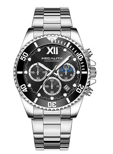 MEGALITH Herrenuhr Edelstahl Analog Chronograph Männer Uhr Moon Phase, Designer Herren Uhr Wasserdicht Leuchtende Quarz Mann Armbanduhr mit Datum, Uhren Herren Geschenke - Silber Schwarz MEGALITH Herrenuhr Edelstahl Analog Chronograph Männer Uhr Moon Phase, Designer Herren Uhr Wasserdicht Leuchtende Quarz Mann Armbanduhr mit Datum, Uhren Herren Geschenke - Silber Schwarz von MEGALITH