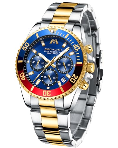 MEGALITH Herrenuhr Edelstahl Chronographen Herren Armbanduhr Wasserdicht Blau Zifferblatt Gold Uhren fur Männer Leuchtende Analog Datum MEGALITH Herrenuhr Edelstahl Chronographen Herren Armbanduhr Wasserdicht Blau Zifferblatt Gold Uhren fur Männer Leuchtende Analog Datum von MEGALITH