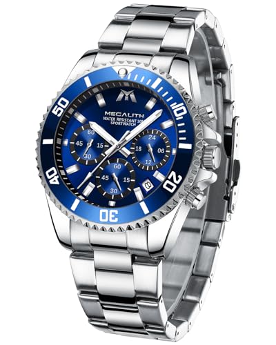 MEGALITH Herrenuhr Edelstahl Chronographen Herren Armbanduhr Wasserdicht Blau Zifferblatt Silber Uhren fur Männer Leuchtende Analog Datum MEGALITH Herrenuhr Edelstahl Chronographen Herren Armbanduhr Wasserdicht Blau Zifferblatt Silber Uhren fur Männer Leuchtende Analog Datum von MEGALITH